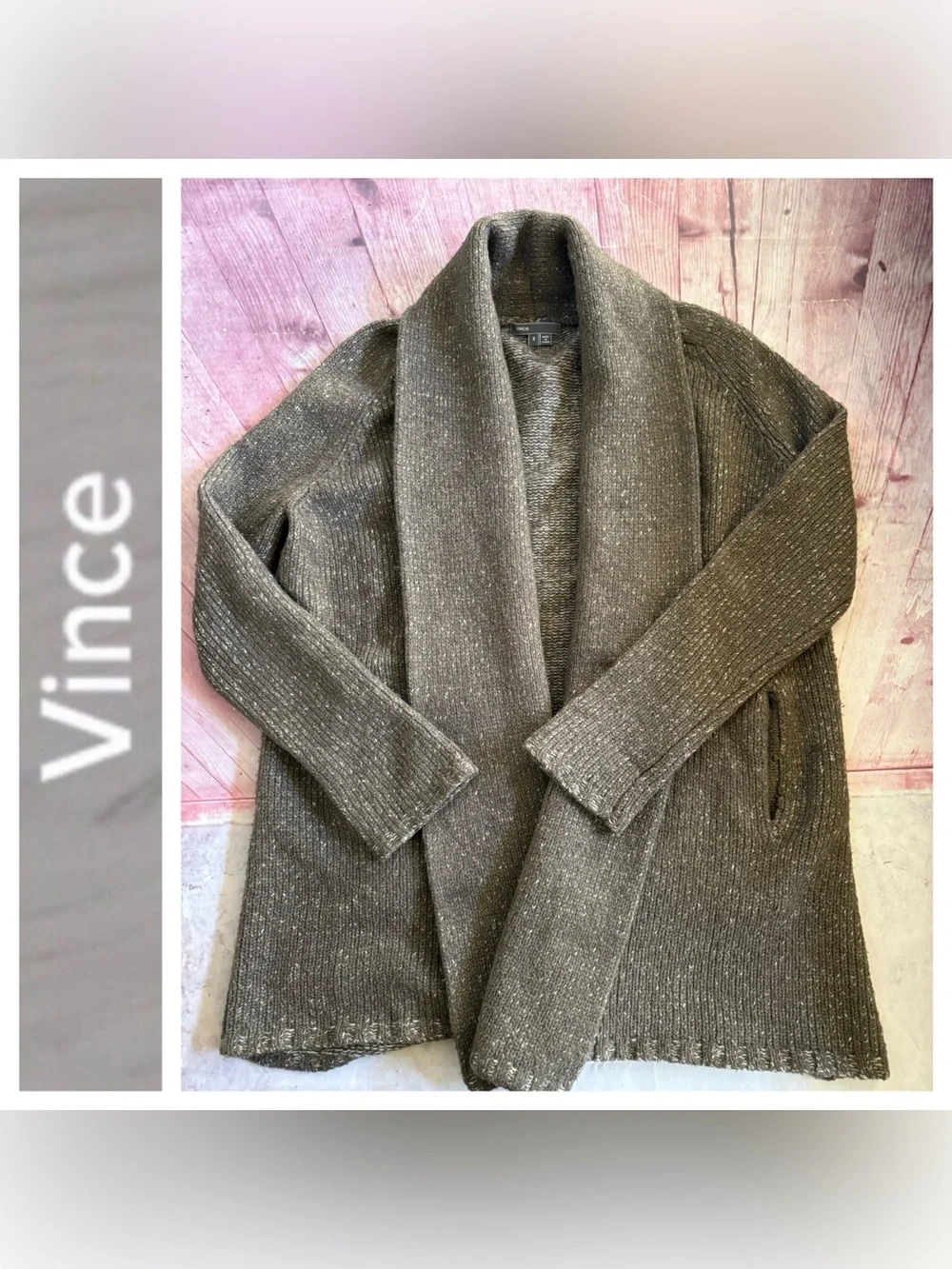 Vince Chunky Taupe Wool Silk Cashmere Open-Front Cardigan Size Small
